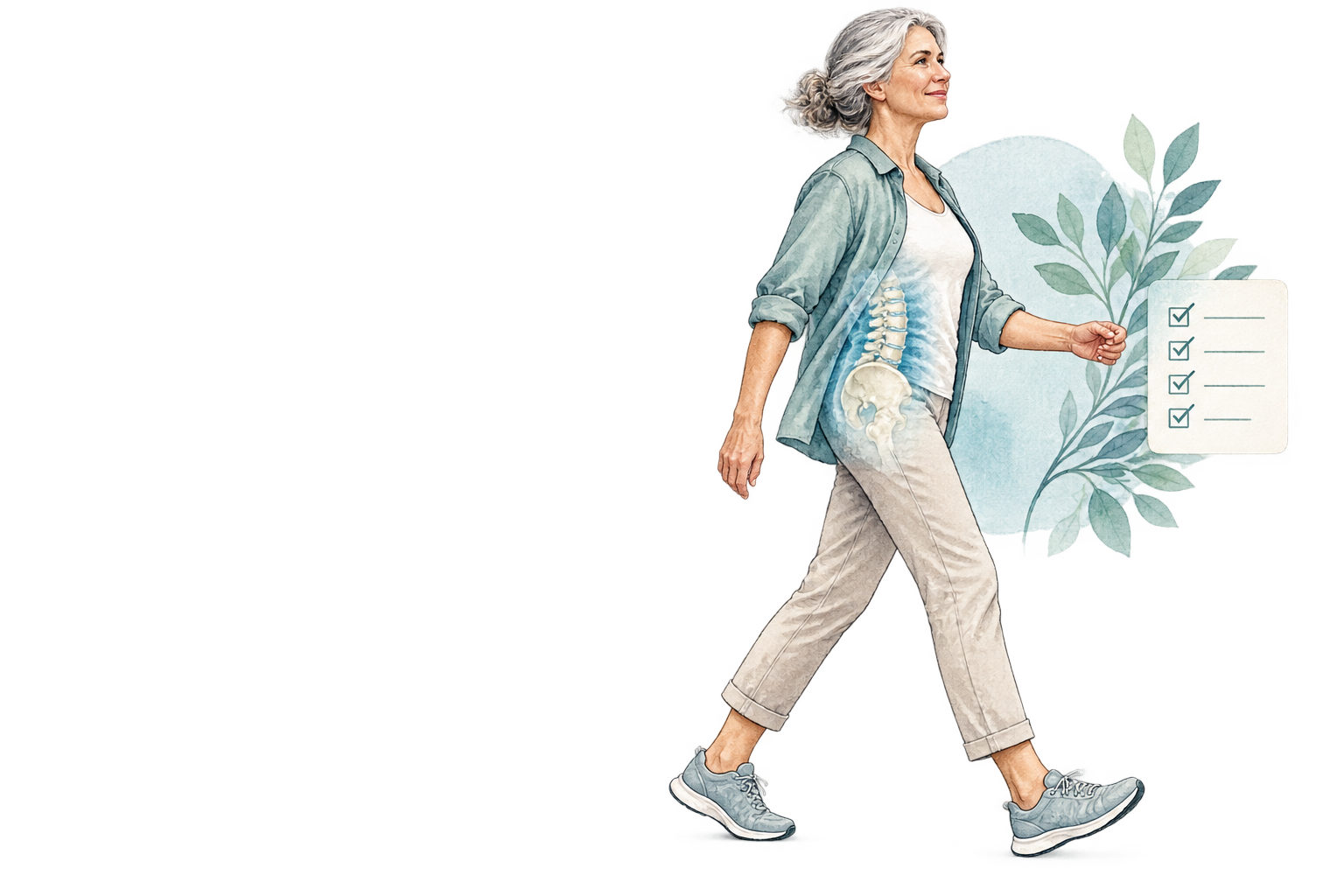 Mature adult walking with a subtle lumbar spine illustration