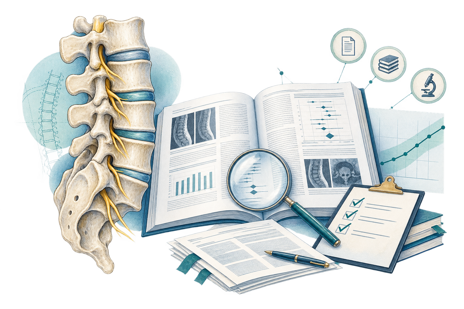 Lumbar spine illustration with clinical research and evidence materials