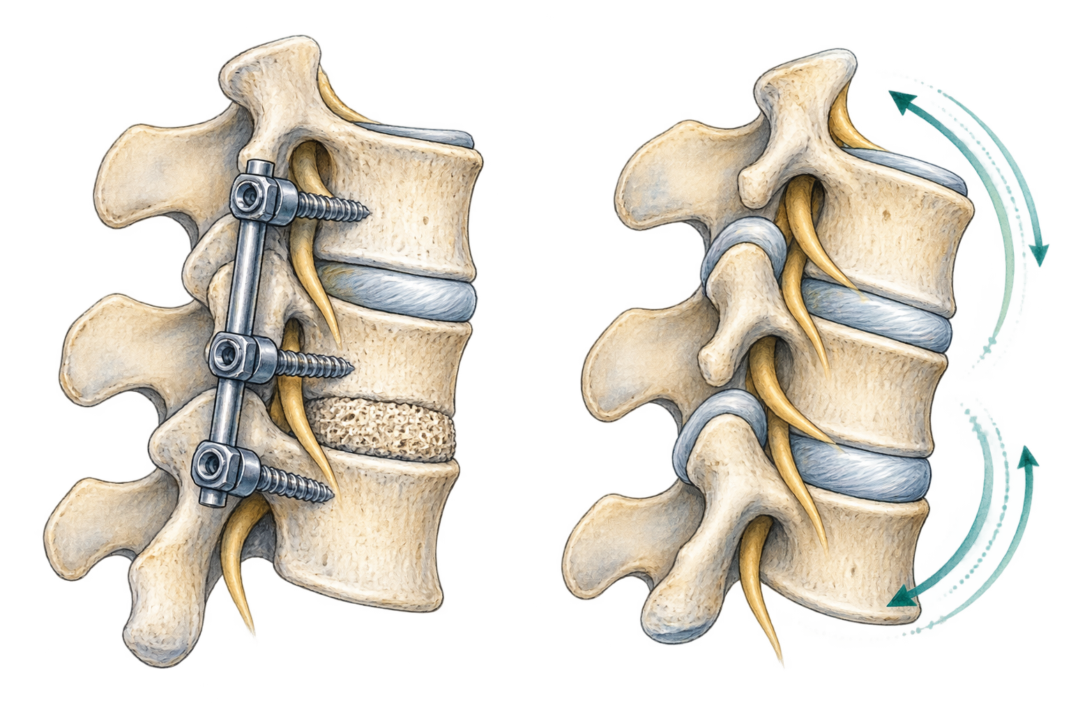 Conceptual comparison of rigid lumbar fusion and preserved spinal motion